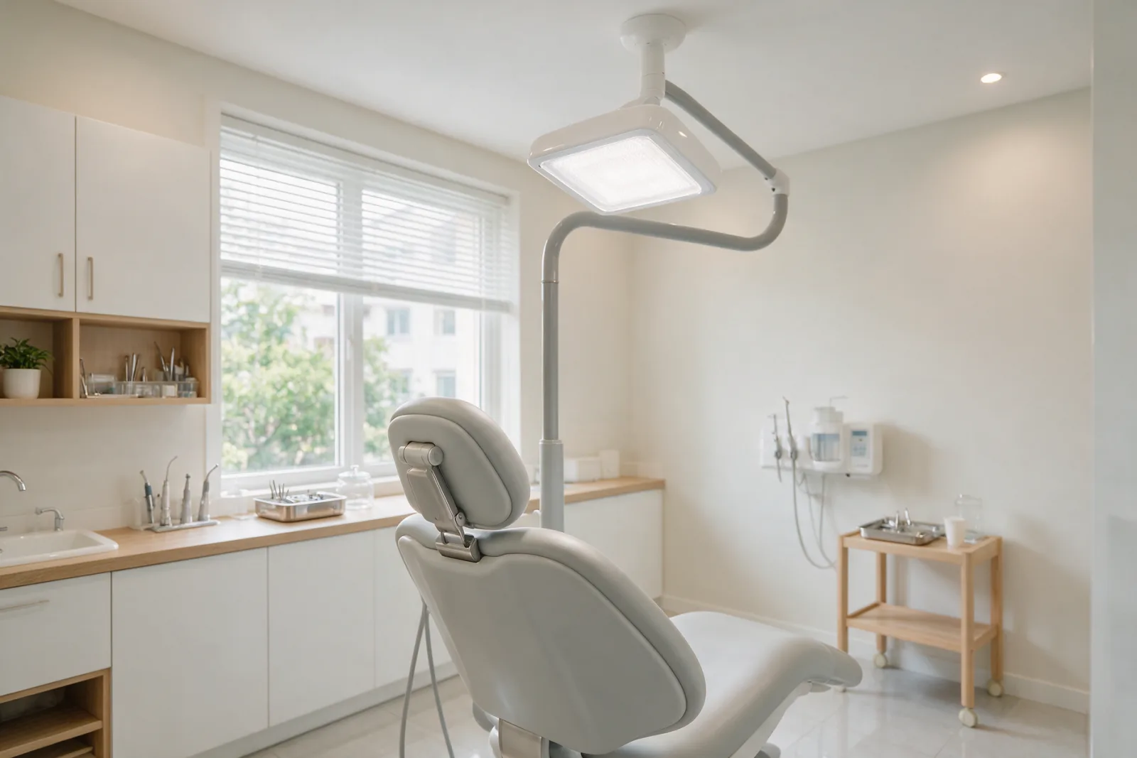 Sala de una clínica dental con luz natural, mobiliario claro de madera y todo recogido