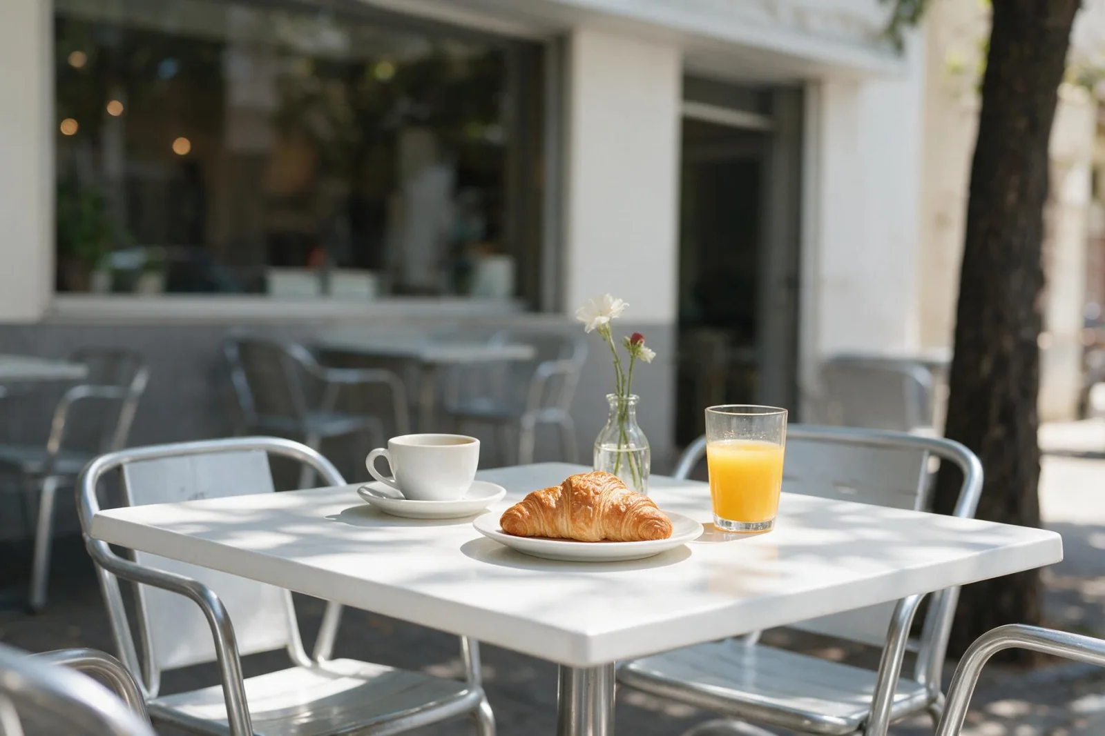 Desayuno servido en una mesa blanca de la terraza: café, cruasán, zumo y un jarrón con flores, con la fachada del local desenfocada detrás