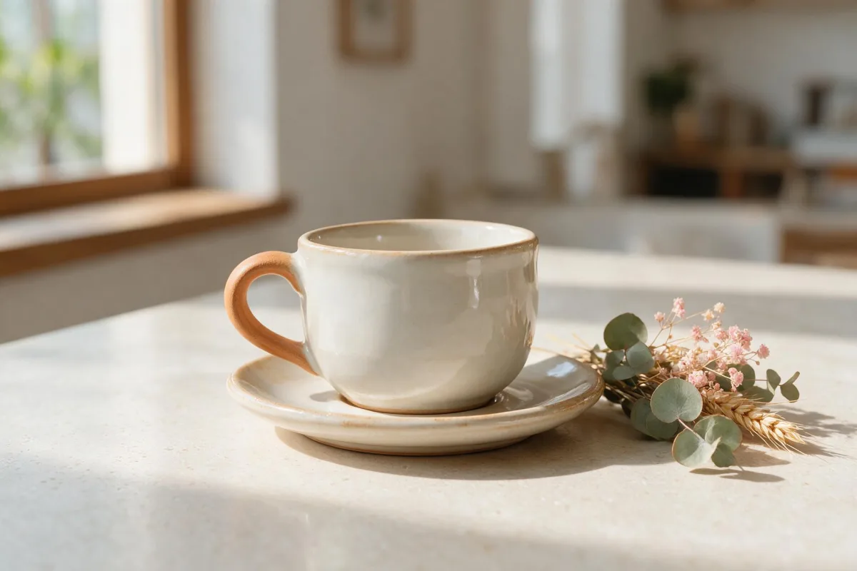 Taza de cerámica artesanal sobre una encimera clara, con luz lateral suave