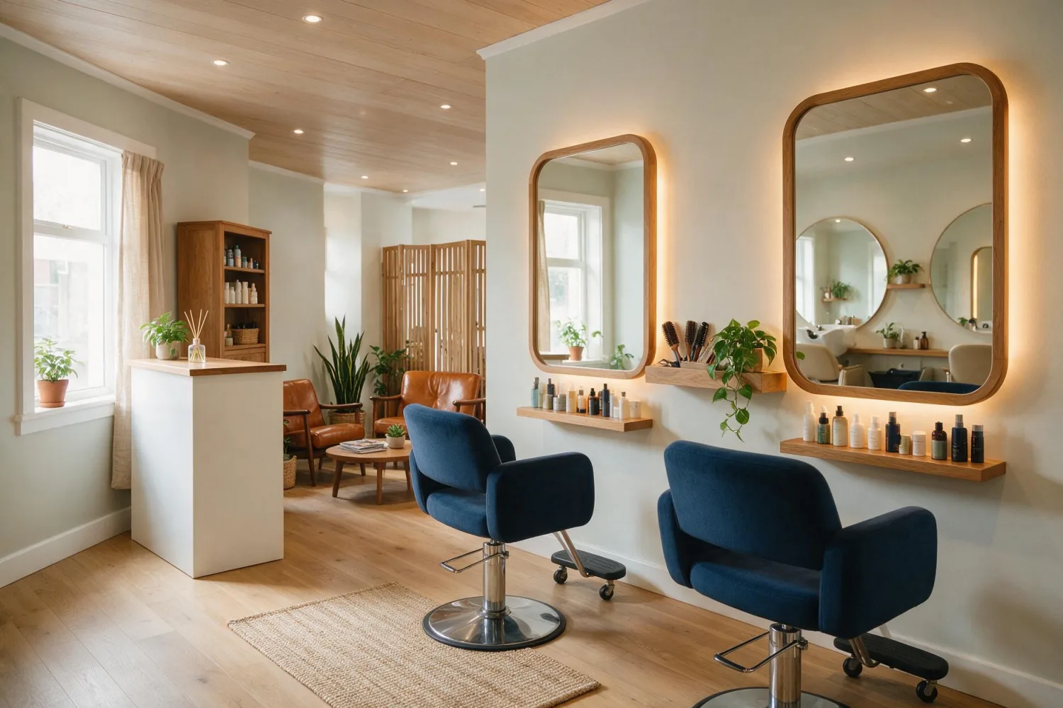 Interior de una peluquería pequeña con dos sillones, espejos grandes y luz suave de ventana